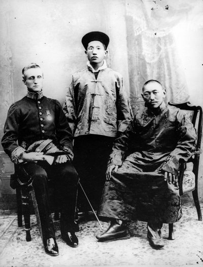13th Dalai Lama, Sir Charles Bell and Maharaj Kumar Sidkeong Trul-ku, 1910 by English Photographer